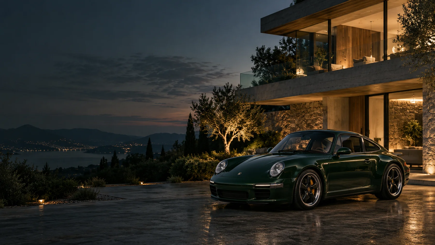 Carro esportivo verde diante de uma casa contemporânea ao entardecer